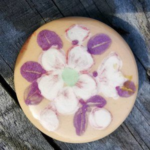 Vintage Signed Hand-painted Ceramic Round Floral Brooch